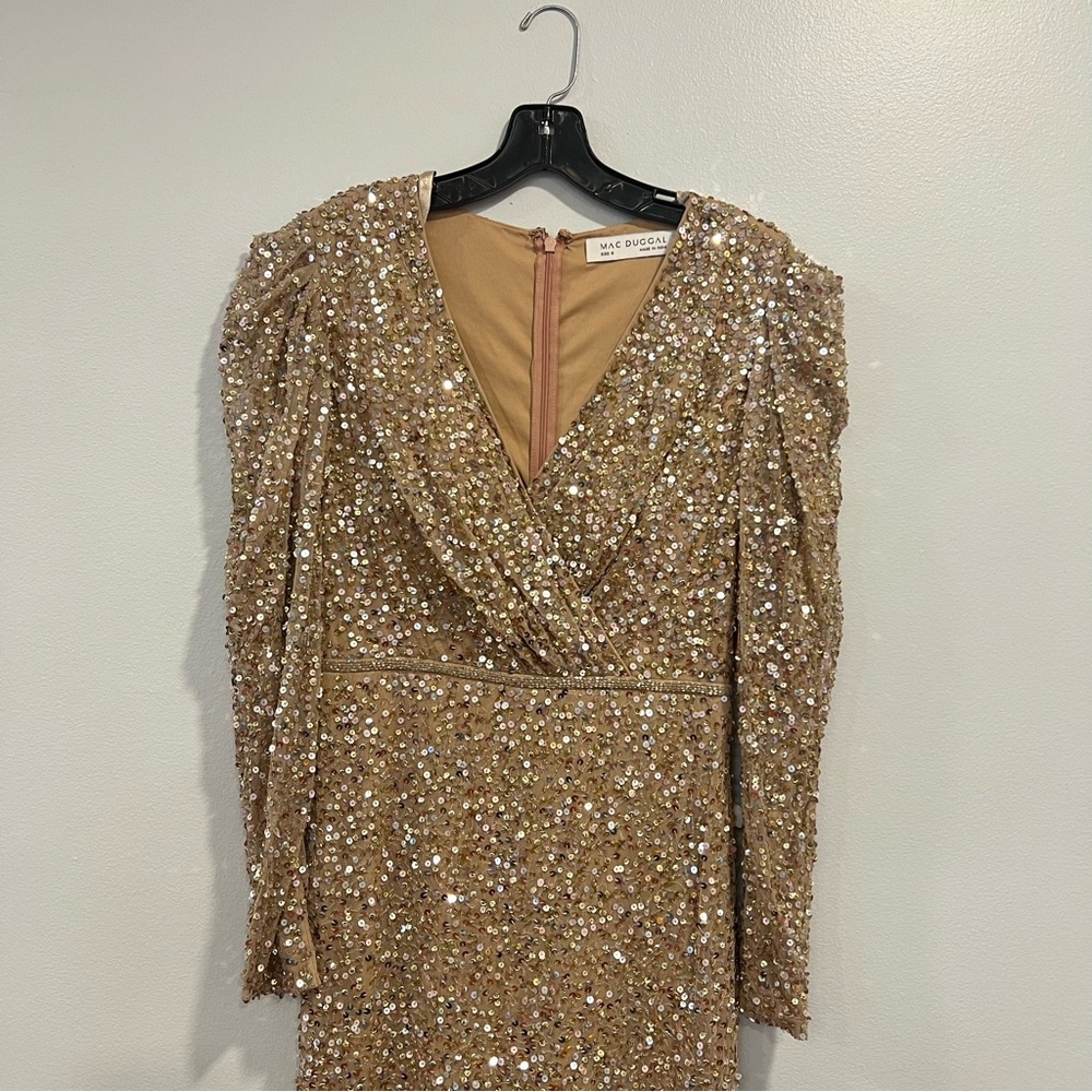 Mac Duggal Shimmering Gold Sequined Puff Shoulder Surplice Evening Gown -Reemoly - Picture 6 of 16